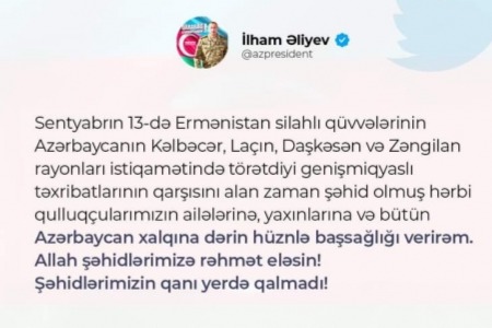 Prezident İlham Əliyev şəhid olmuş hərbi qulluqçularımızın ailələrinə, yaxınlarına və bütün Azərbaycan xalqına başsağlığı verib