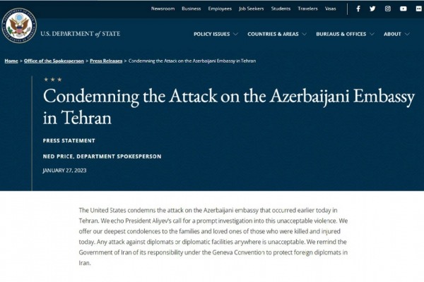 ABŞ Dövlət Departamenti Azərbaycanın İrandakı səfirliyinə terror hücumunu kəskin qınayıb